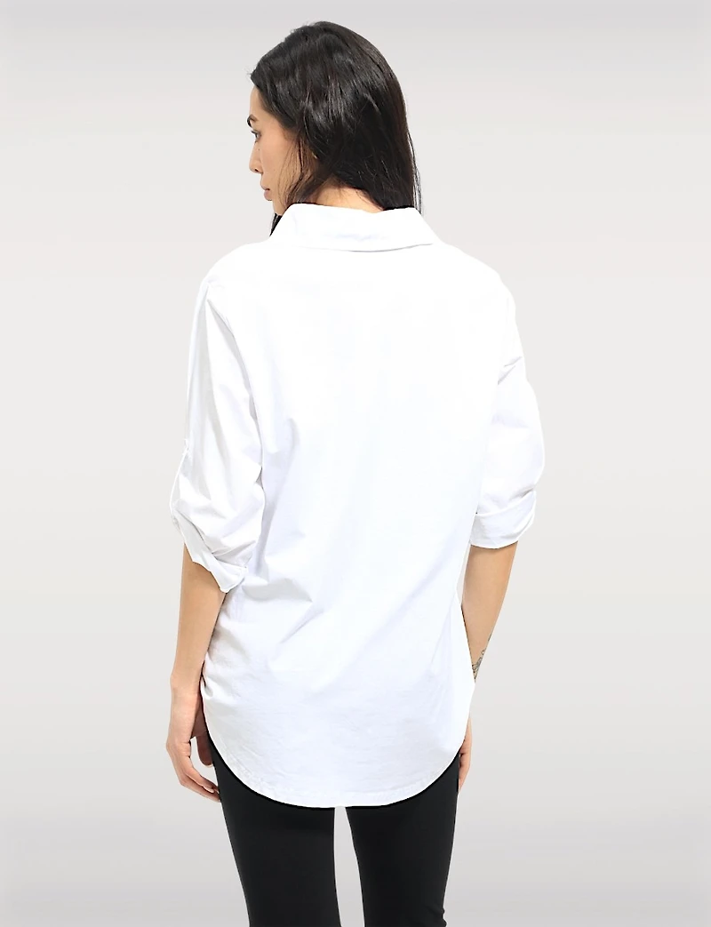 Circle Motif Stretch Cotton Shirt with Roll-Up 3/4 Sleeves & Rounded Hem by Goa