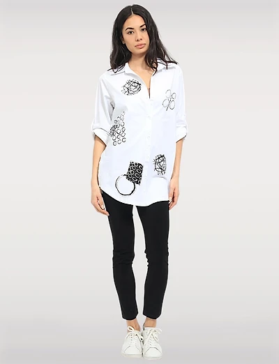 Abstract Print Stretch Cotton Shirt Roll-Up 3/4 Sleeves & Side Hem Tabs by Goa