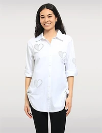 Heart-Adorned Stretch Cotton Shirt with Roll-Up 3/4 Sleeves & Rounded Hem by Goa