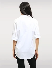 Heart-Adorned Stretch Cotton Shirt with Roll-Up 3/4 Sleeves & Rounded Hem by Goa