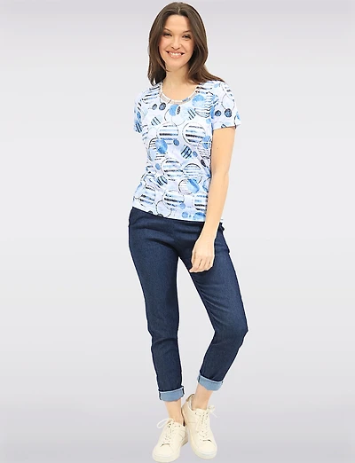 Chic Lightweight Short Sleeve Crew Neck Top with Circle Pattern Print by Moffi