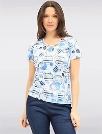 Chic Lightweight Short Sleeve Crew Neck Top with Circle Pattern Print by Moffi
