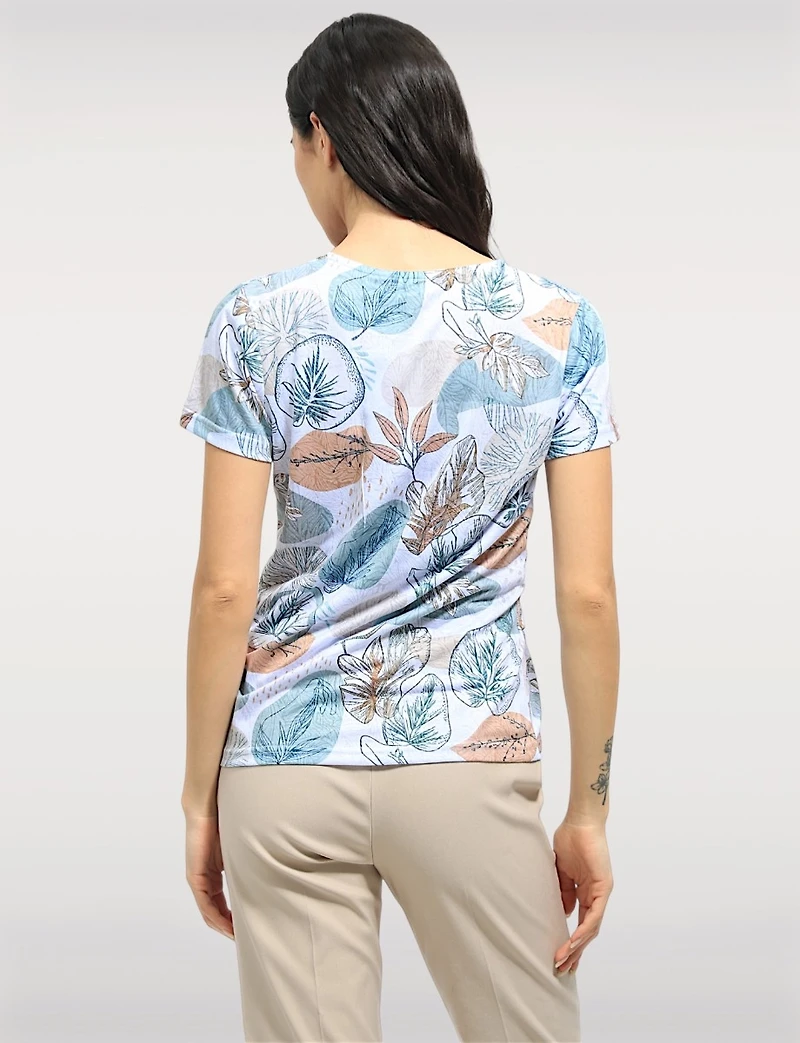 Sheer Short Sleeve Printed Top with Cut-Out Neckline & Rhinestone Accents Moffi