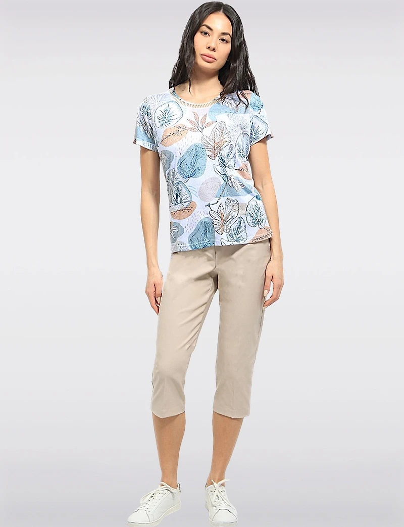 Sheer Short Sleeve Printed Top with Cut-Out Neckline & Rhinestone Accents Moffi