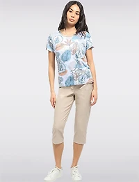 Sheer Short Sleeve Printed Top with Cut-Out Neckline & Rhinestone Accents Moffi