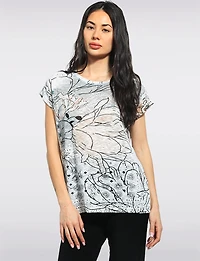 Lightweight Printed Cap Sleeve Round Neck Top With a Subtle Sparkle by Moffi