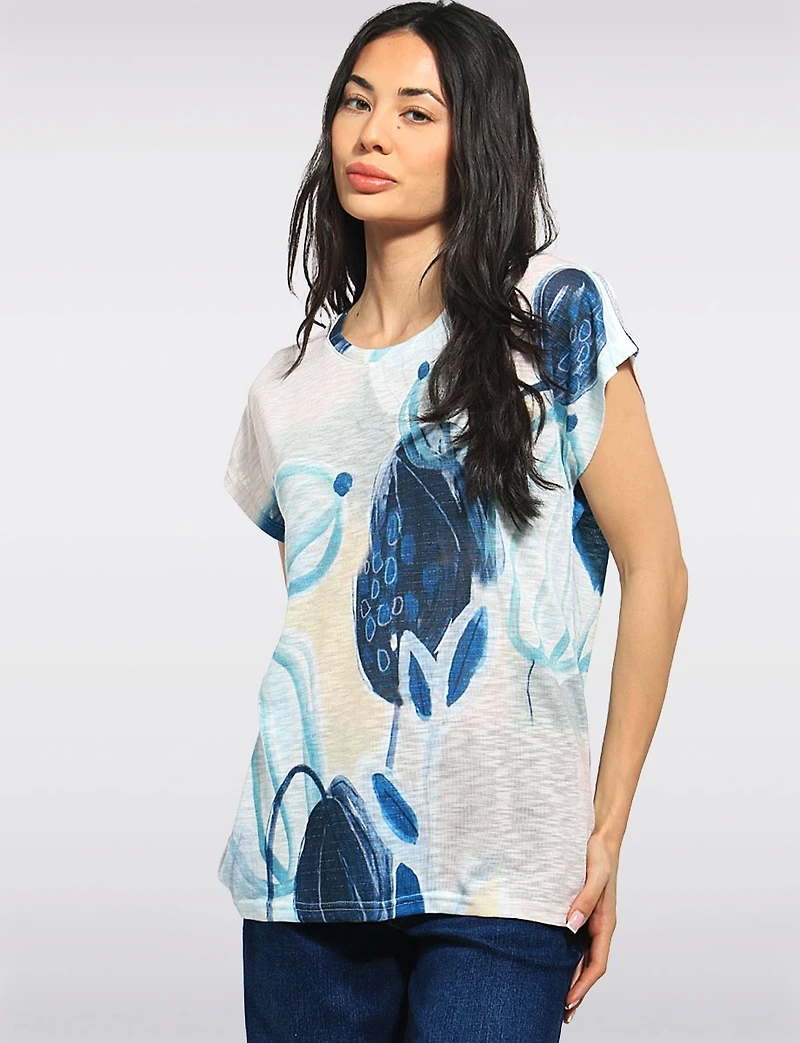 Lightweight Printed Textured Cap Sleeve Top With a Touch of Glitter by Moffi