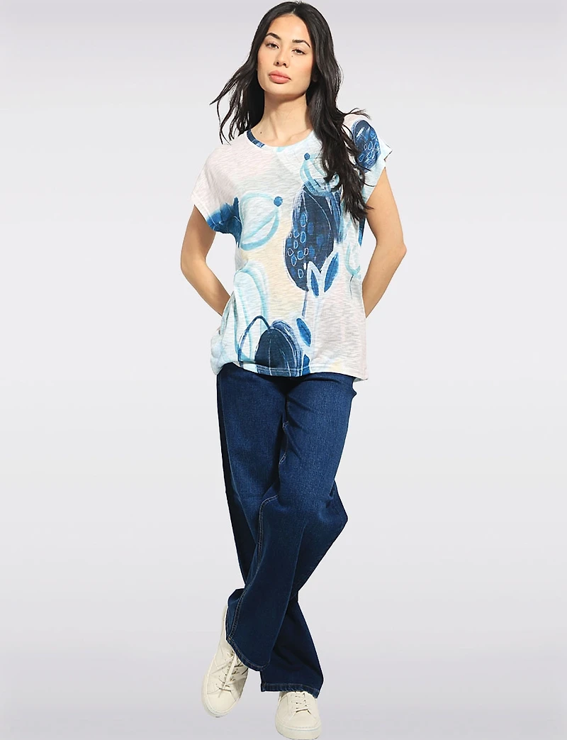 Lightweight Printed Textured Cap Sleeve Top With a Touch of Glitter by Moffi