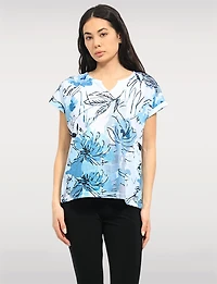 Elegant Cap Sleeves Blue Abstract Print Sheer Knit Top & Split Neckline by Moffi