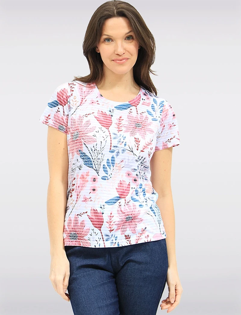 Lightweight Short Sleeve Knit Top - Floral Print & Rhinestone Details by Moffi