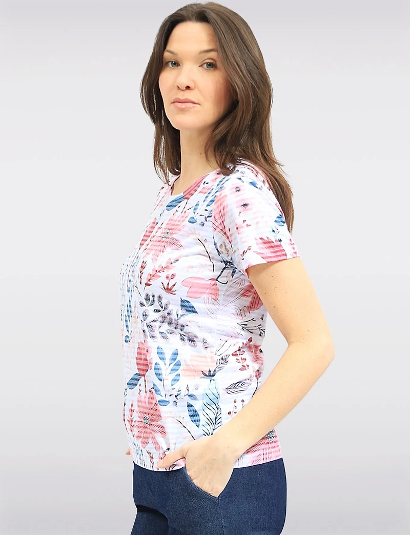 Lightweight Short Sleeve Knit Top - Floral Print & Rhinestone Details by Moffi