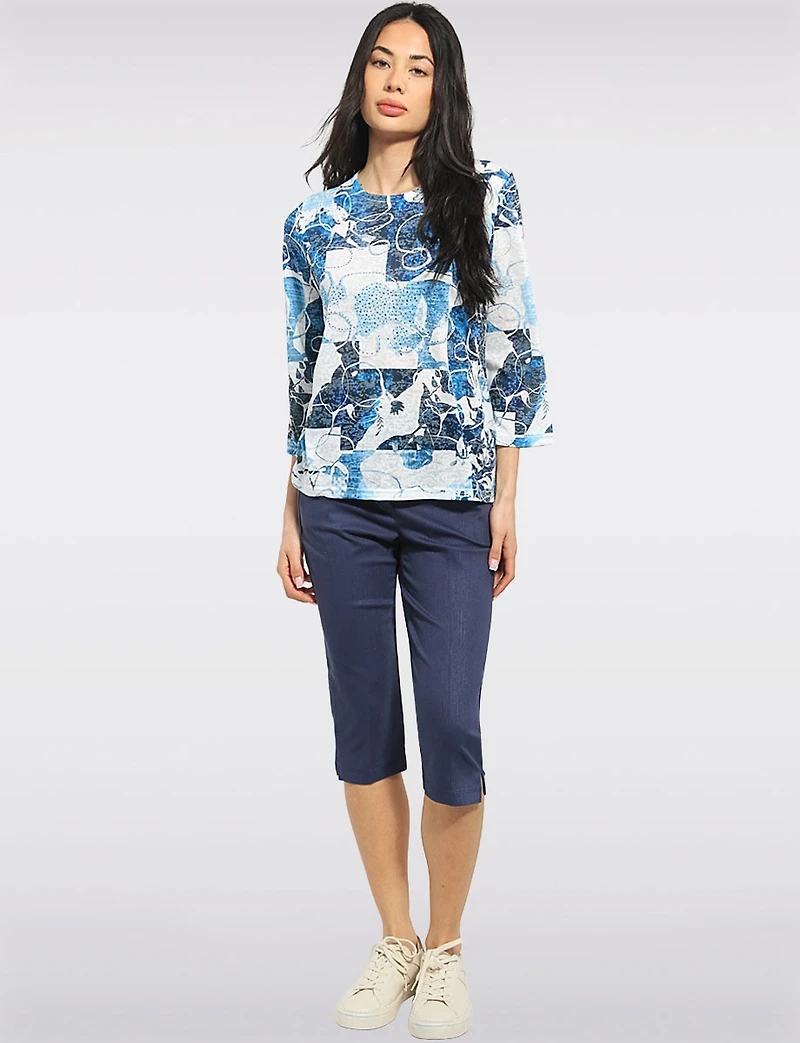 Lightweight Blue Printed 3/4 Sleeve Textured Top with Rhinestone Detail by Moffi