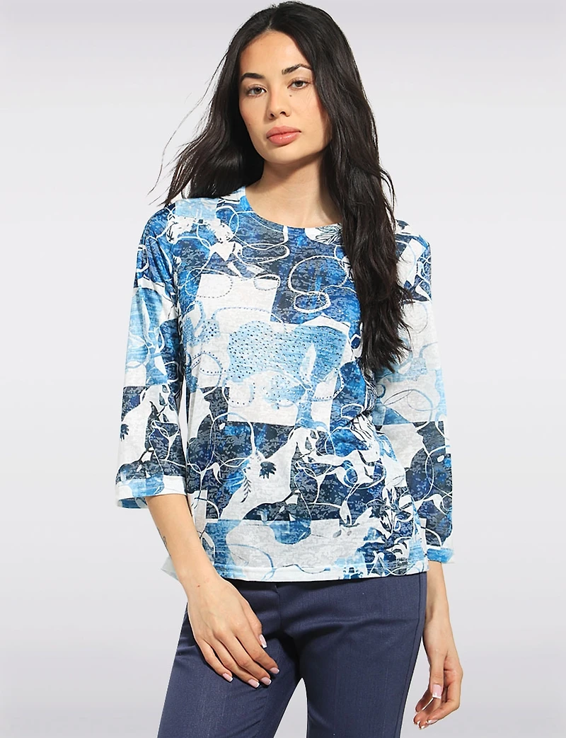 Lightweight Blue Printed 3/4 Sleeve Textured Top with Rhinestone Detail by Moffi