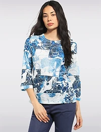 Lightweight Blue Printed 3/4 Sleeve Textured Top with Rhinestone Detail by Moffi