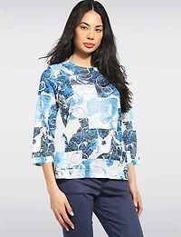 Lightweight Blue Printed 3/4 Sleeve Textured Top with Rhinestone Detail by Moffi