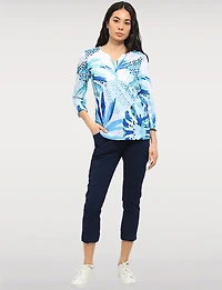 Elegant Leaf Print Knit Top with 3/4 Sleeves and Split Neckline by Moffi