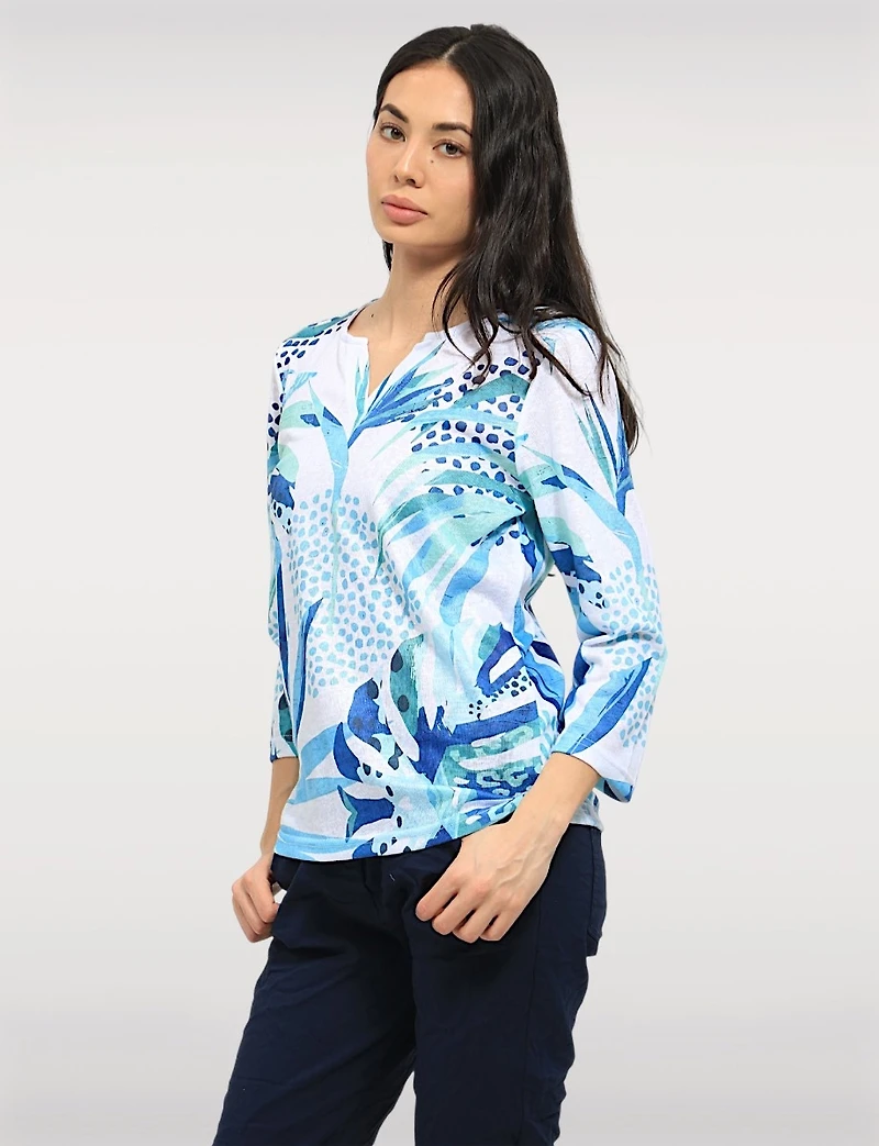 Elegant Leaf Print Knit Top with 3/4 Sleeves and Split Neckline by Moffi