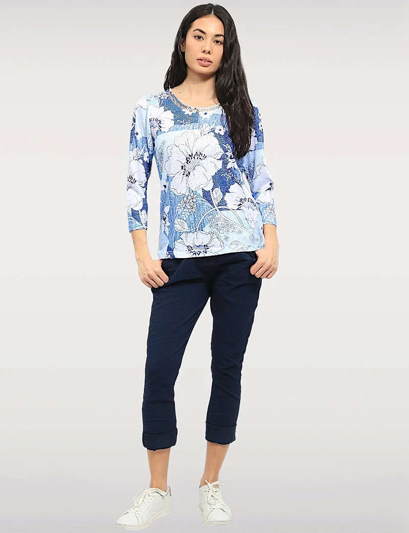 Chic Cutout Round Neckline 3/4 Sleeves Sheer Top with Rhinestone Detail by Moffi