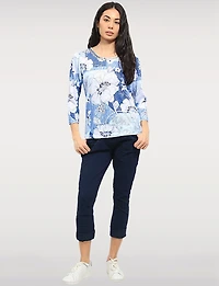 Chic Cutout Round Neckline 3/4 Sleeves Sheer Top with Rhinestone Detail by Moffi