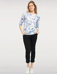 Adjustable 3/4 Sleeve Round Neck line Printed Sheer Top & Rhinestones by Moffi