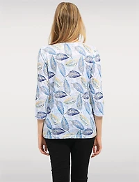 Adjustable 3/4 Sleeve Round Neck line Printed Sheer Top & Rhinestones by Moffi