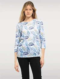 Adjustable 3/4 Sleeve Round Neck line Printed Sheer Top & Rhinestones by Moffi