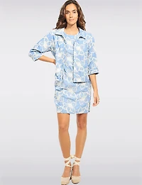 Embroidered Floral Blue Denim Texture Button-Front Cropped Jacket by Devia