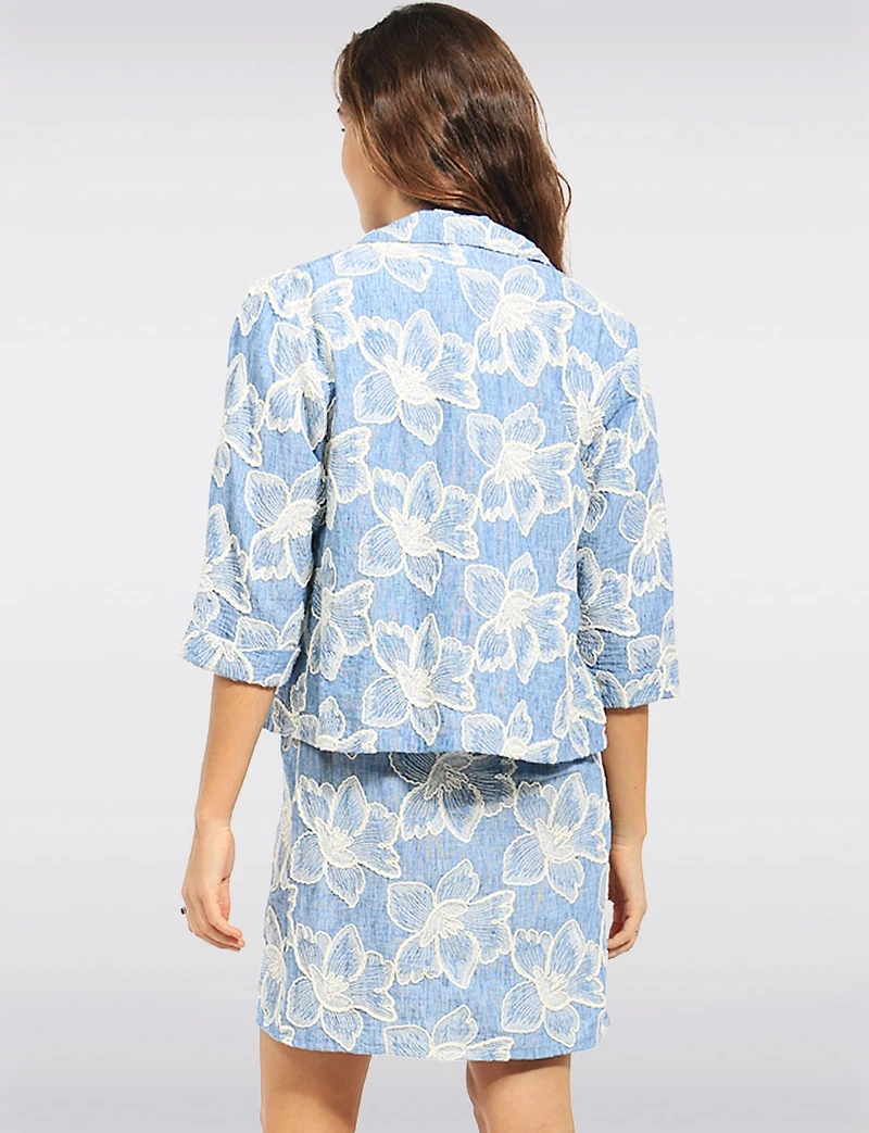 Embroidered Floral Blue Denim Texture Button-Front Cropped Jacket by Devia