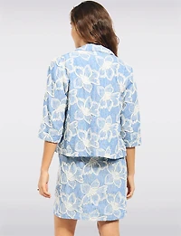 Embroidered Floral Blue Denim Texture Button-Front Cropped Jacket by Devia