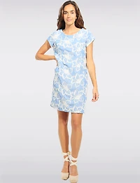 Floral Embroidered Denim Texture Front Pocket Short Sleeve Dress by Devia