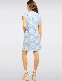 Floral Embroidered Denim Texture Front Pocket Short Sleeve Dress by Devia