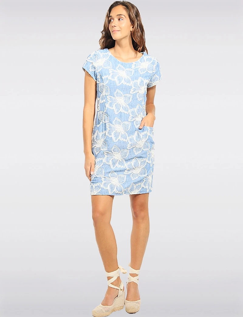 Floral Embroidered Denim Texture Front Pocket Short Sleeve Dress by Devia