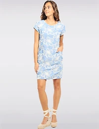 Floral Embroidered Denim Texture Front Pocket Short Sleeve Dress by Devia