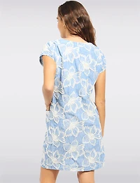 Floral Embroidered Denim Texture Front Pocket Short Sleeve Dress by Devia