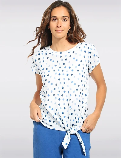 Trendy Polka Dot Print Cap Sleeve Top with Side Tie at the Hem by Devia
