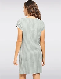Straight Cut Khaki Pinstripe Front Pocket Short Sleeve Dress with Knit by Devia