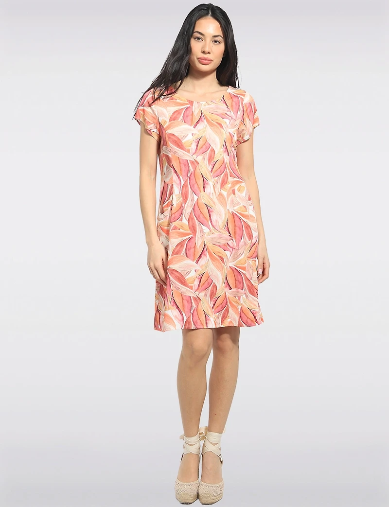 Straight Cut Orange Leaf Print Front Pocket Short Sleeve Dress by Devia