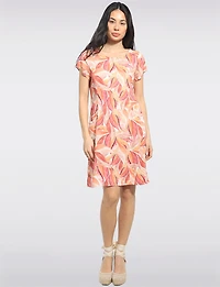 Straight Cut Orange Leaf Print Front Pocket Short Sleeve Dress by Devia