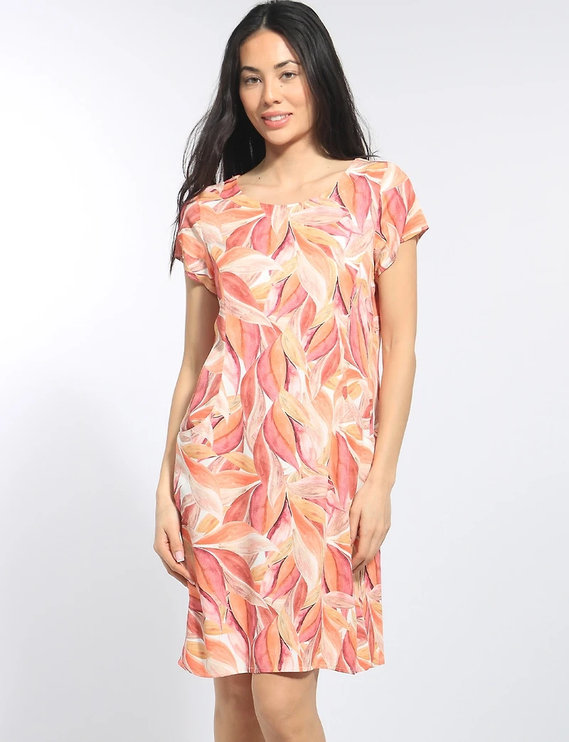 Straight Cut Orange Leaf Print Front Pocket Short Sleeve Dress by Devia