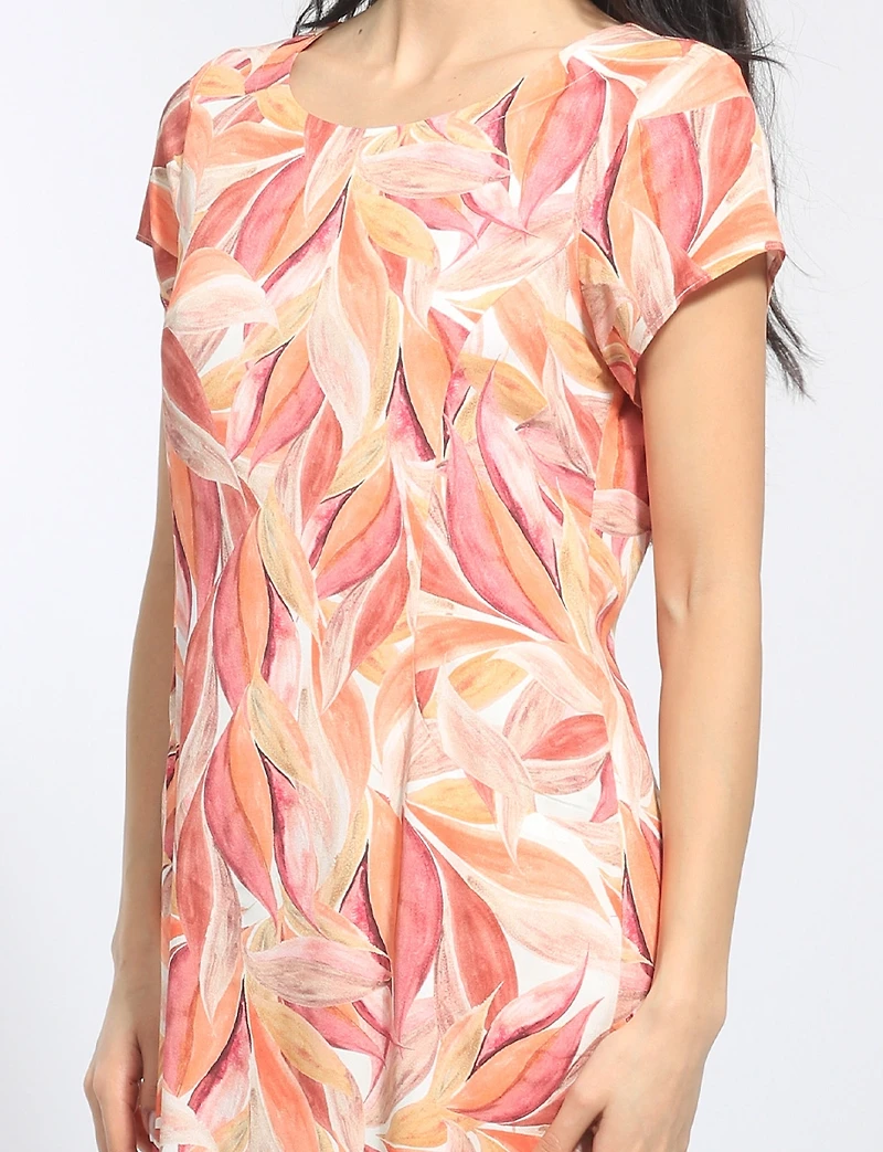 Straight Cut Orange Leaf Print Front Pocket Short Sleeve Dress by Devia