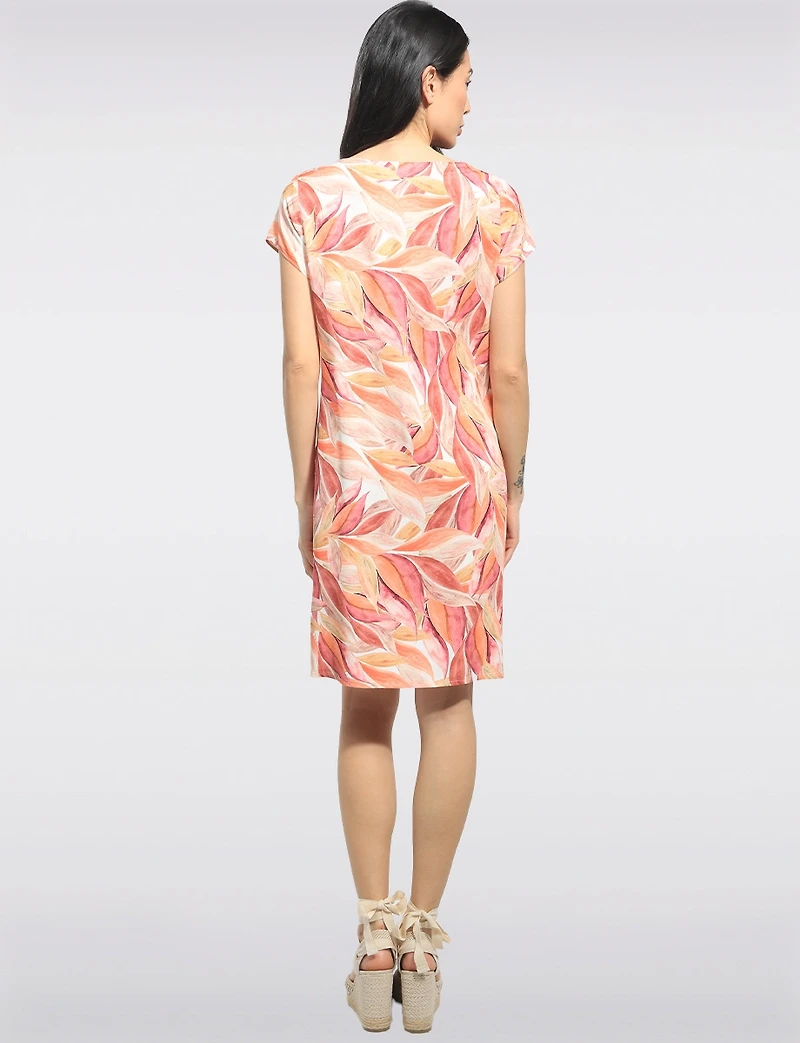 Straight Cut Orange Leaf Print Front Pocket Short Sleeve Dress by Devia