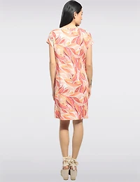 Straight Cut Orange Leaf Print Front Pocket Short Sleeve Dress by Devia