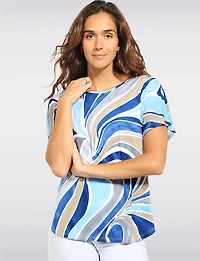 Stretchy Slim Fit Abstract Swirl Print Cap Sleeve Scoop Neck Top by Devia
