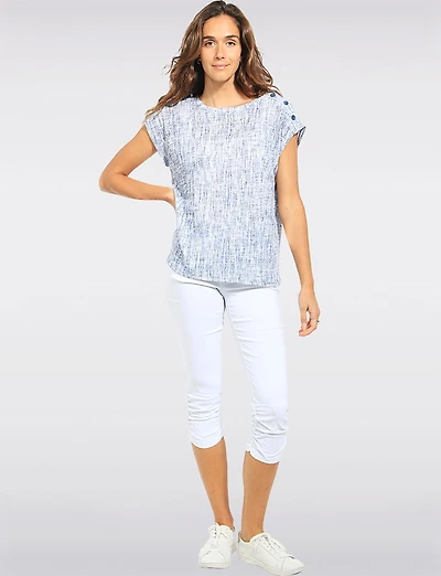 Stretchy Slim Fit Tweed Print Decorative Shoulder Button Cap Sleeve Top By Devia