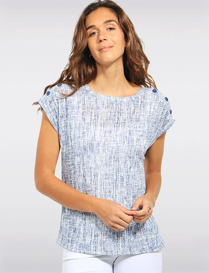 Stretchy Slim Fit Tweed Print Decorative Shoulder Button Cap Sleeve Top By Devia