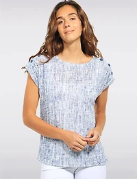 Stretchy Slim Fit Tweed Print Decorative Shoulder Button Cap Sleeve Top By Devia