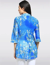 Blossom Print Pleated Button-Front Tunic Blue with Roll-Tab Sleeves by Lindi