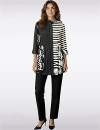 Black & White Print Button-Front Pleated Collar 3/4 Sleeve Tunic Shirt by Lindi