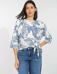 Tropical Print Crew Neck 3/4 Sleeve Stretch Knit Top with Tie Hem by Perle