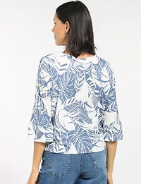 Tropical Print Crew Neck 3/4 Sleeve Stretch Knit Top with Tie Hem by Perle